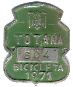 Matricula de Bicicleta de Totana (Murcia) 1971