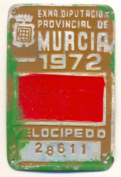 Placa Matricula Velocipedo Murcia 1972