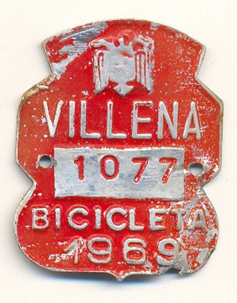 Placa de Matricula Bicicleta Villena (Alicante) 1969 (Espaa)