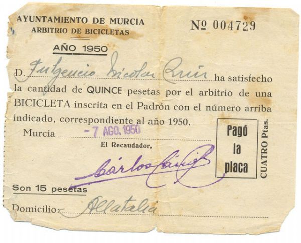Documento antiguo de Arbitrio Bicicletas 1950 Ayuntamiento de Murcia