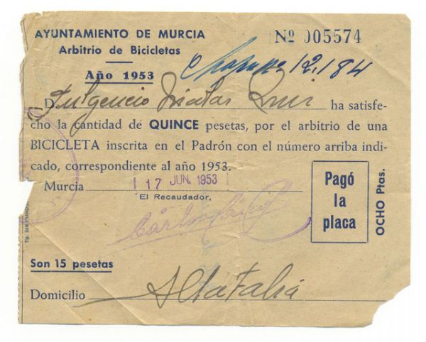 Documento antiguo de Arbitrio Bicicletas 1953 Ayuntamiento de Murcia