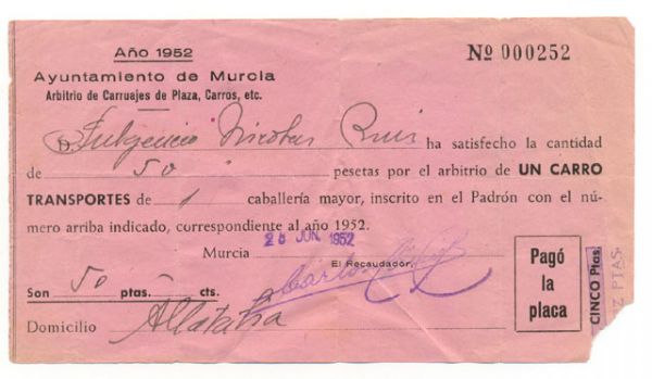 Documento antiguo de Arbitrio de Carruajes 1952 Ayuntamiento de Murcia