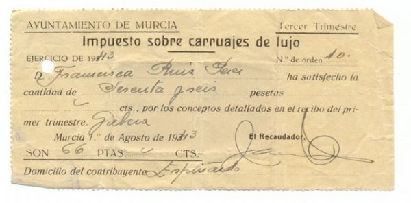 Impuesto sobre Carruajes de Lujo 1943 Ayuntamiento de Murcia