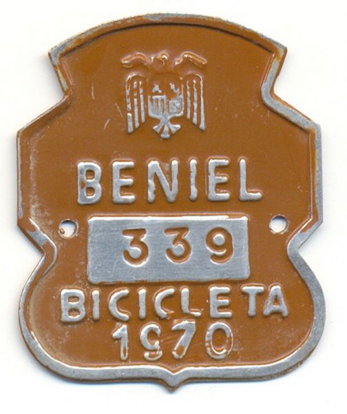 Placa de Matricula Bicicleta Beniel (Murcia) 1970 (Espaa)