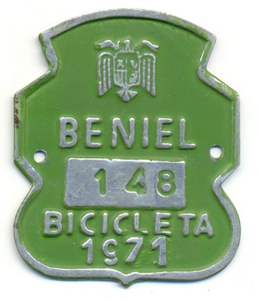 Placa de Matricula Bicicleta Beniel (Murcia) 1971 (Espaa)
