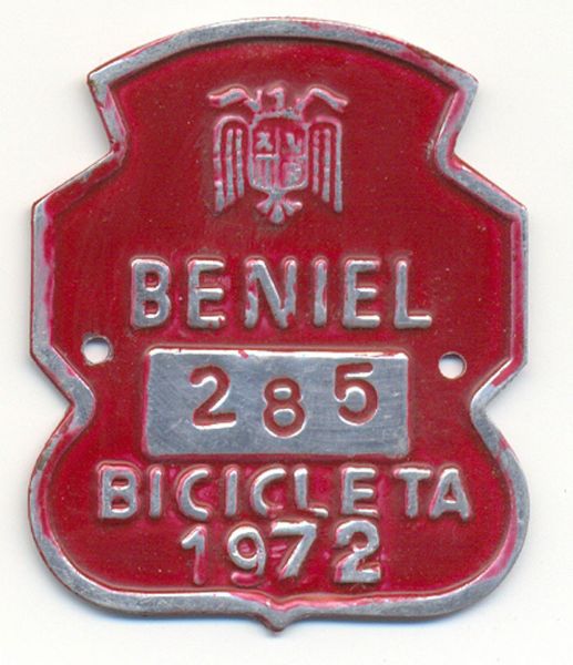 Placa de Matricula Bicicleta Beniel (Murcia) 1972 (Espaa)