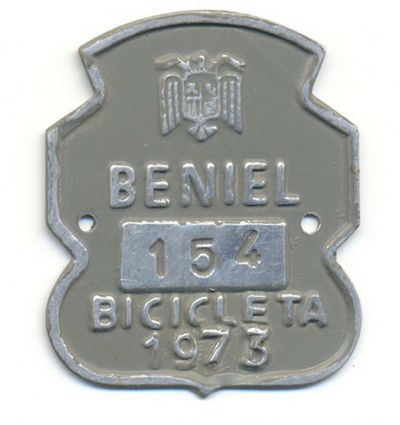 Placa de Matricula Bicicleta Beniel (Murcia) 1973 (Espaa)