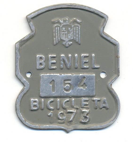 Placa de Matricula Bicicleta Beniel (Murcia) 1973 (Espaa)