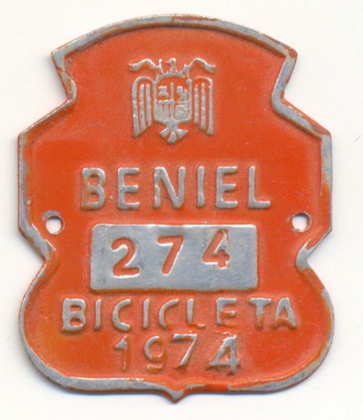 Placa de Matricula Bicicleta Beniel (Murcia) 1974 (Espaa)