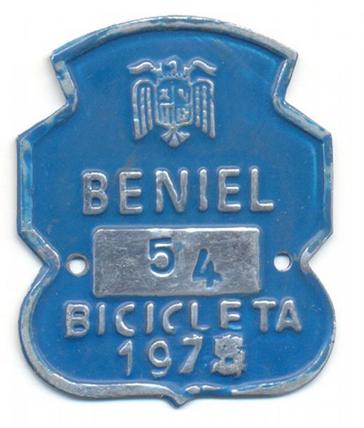 Placa de Matricula Bicicleta Beniel (Murcia) 1975 (Espaa)