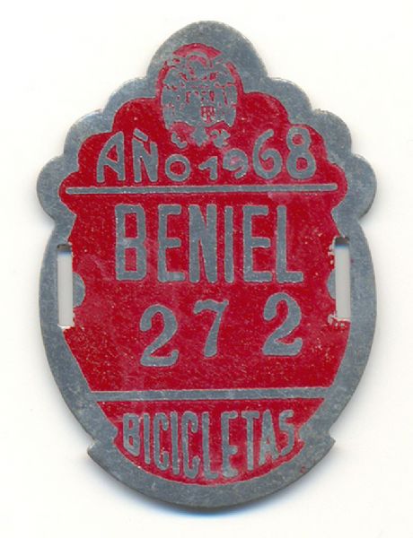 Placa de Matricula Bicicleta Beniel (Murcia) 1968 (Espaa)
