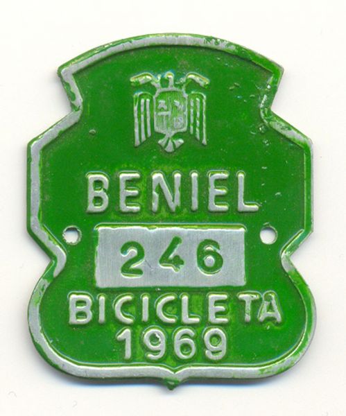 Placa de Matricula Bicicleta Beniel (Murcia) 1969 (Espaa)