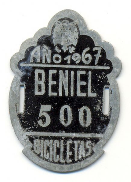 Placa de Matricula Bicicleta Beniel (Murcia) 1967 (Espaa)