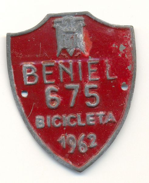 Placa de Matricula Bicicleta Beniel (Murcia) 1962 (Espaa)