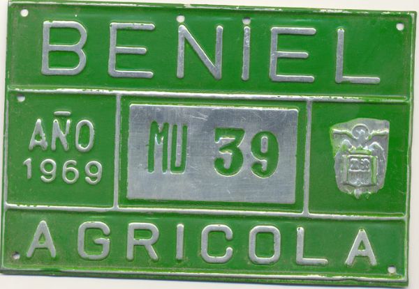 Placa de Matricula Agricola Beniel (Murcia) 1969 (Espaa)