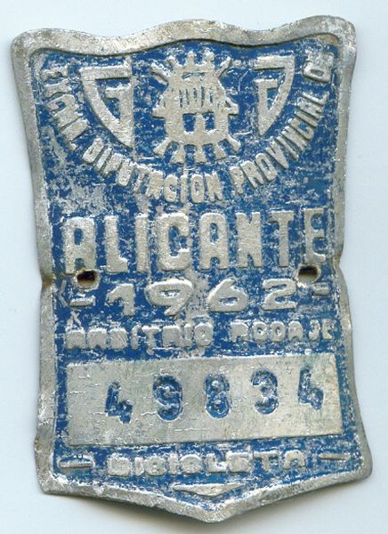 Placa de Matricula Bicicleta Alicante 1962 (Espaa)