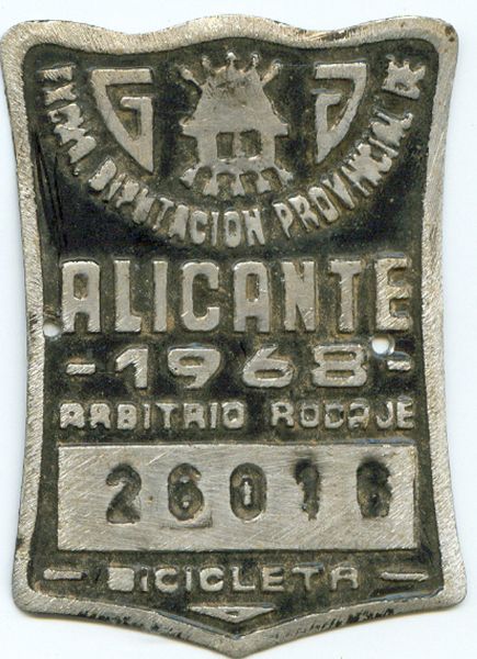 Placa de Matricula Bicicleta Alicante 1968 (Espaa)