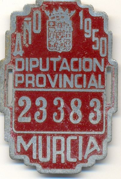 Placa Identificativa Matricula Diputacion Provincial Murcia 1950