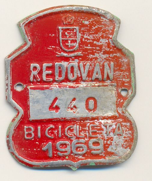 Placa de Matricula Bicicleta Redovan (Alicante) 1969 (Espaa)