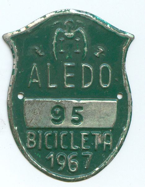 Matricula de Bicicleta de Aledo (Murcia) 1967