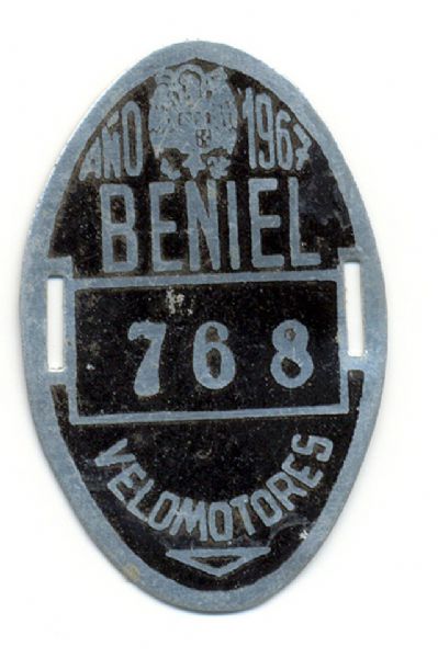 Placa de Matricula de Velomotor de Beniel 1967