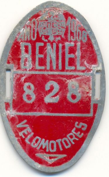 Placa de Matricula de Velomotor de Beniel 1968