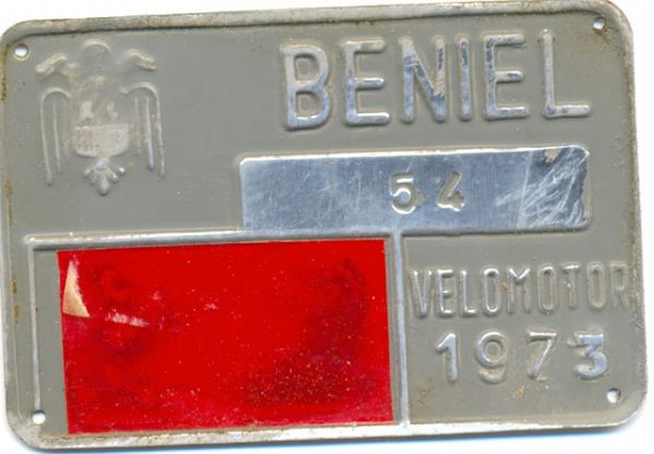 Placa de Matricula de Velomotor de Beniel 1973