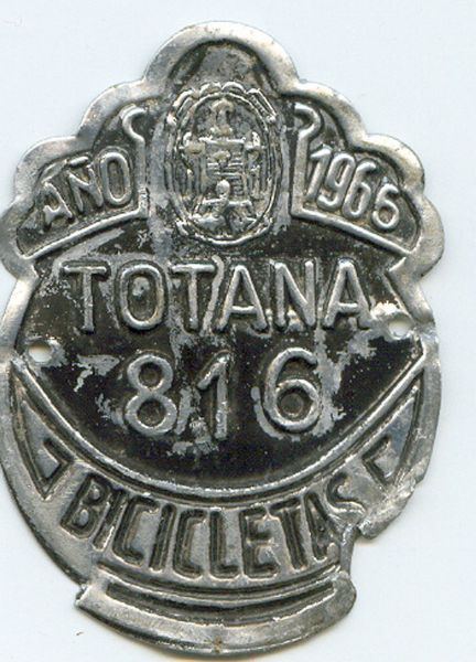 Placa de Matricula Bicicleta de Totana 1966 (Espaa)